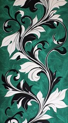 Abstract Emerald Green Floral Design With Black And White Leaves
