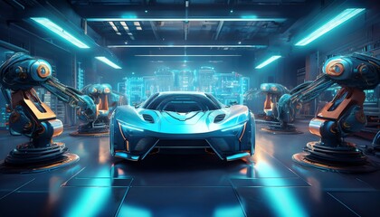 A futuristic, sleek sports car is showcased in a high-tech garage, surrounded by robotic arms and illuminated by blue neon lights.