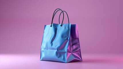 Iridescent blue shopping bag on pink background.