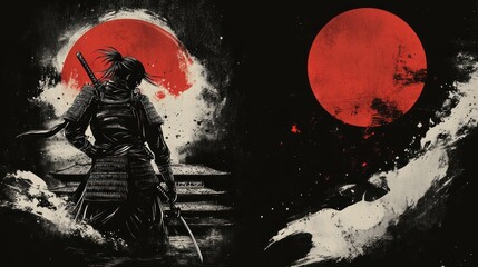 dark samurai, a red moon in the background