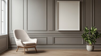 Elegant living room with armchair, plant, and large frame.