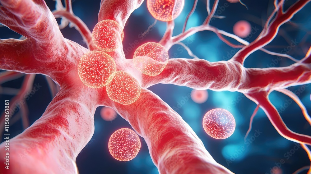 Poster asthma disease idea. detailed view of neural networks and cells, showcasing intricate biological str