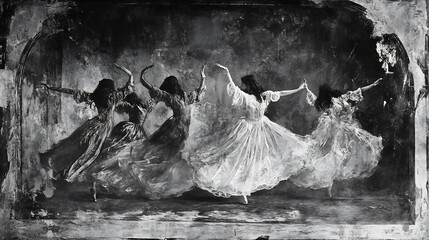 Monochrome photo of four women in flowing gowns gracefully whirling in a circular dance.