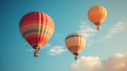 Fototapeta premium Three hot air balloons soar in a blue sky.