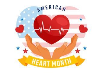 February is American Heart Month Vector Illustration Featuring a USA Flag and Red Heart Symbol for Health Awareness in a Flat Style Cartoon Background