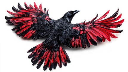 A striking depiction of a crimson and black raven, dramatic and fierce, its wings unfurled in a commanding pose