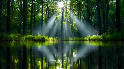 Serene Sunlight Filtering Through Trees Over Calm Forest Lake