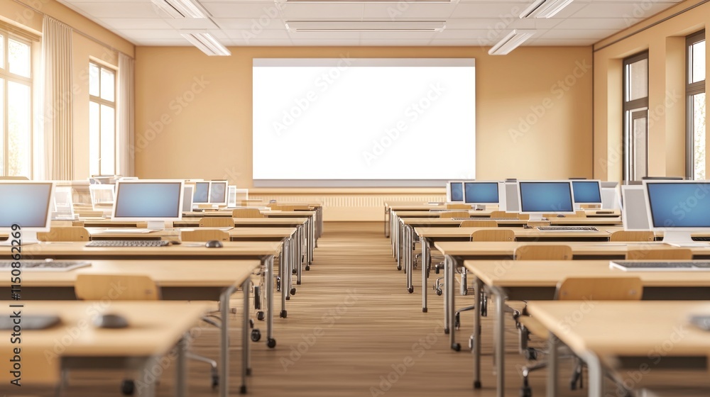 Poster empty computer lab classroom with blank screen.