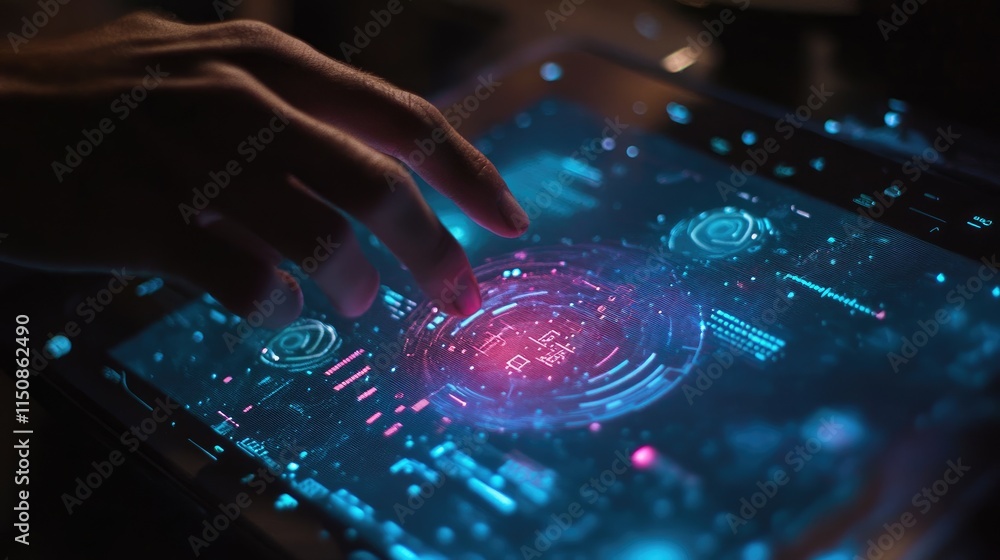 Poster hand touching futuristic touchscreen interface with data visualization