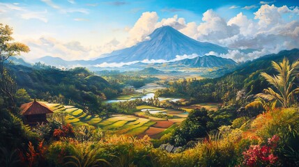 Serene valley landscape with volcano, rice paddies, and traditional hut at sunrise.