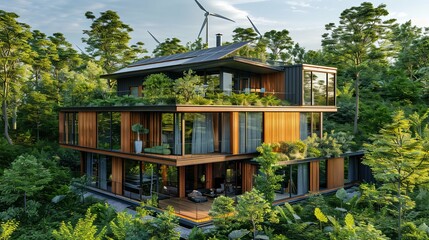 Sustainable Modern Home Integrated into Lush Forest Landscape with Wind Turbines