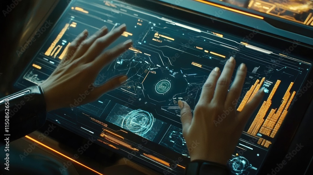 Poster futuristic user interface interaction with hands on touchscreen display