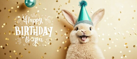Happy Birthday Bunny Rabbit with Party Hat and Confetti