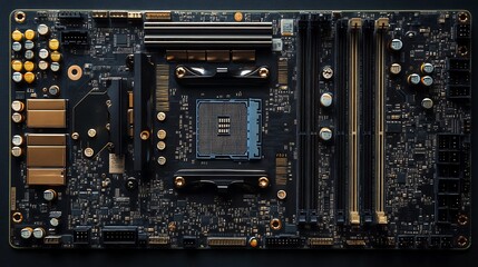 Top-down view of a computer motherboard.