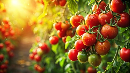 Obraz premium Sunlit Rows of Ripe Tomatoes Glistening with Dew on the Vine in a Lush Garden