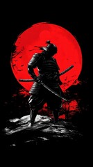 dark samurai, a red moon in the background
