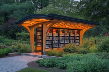 Naklejka premium This serene garden library features a unique design, offering a peaceful environment. Discover helpful tips in the planting guide displayed within its beautiful surroundings.