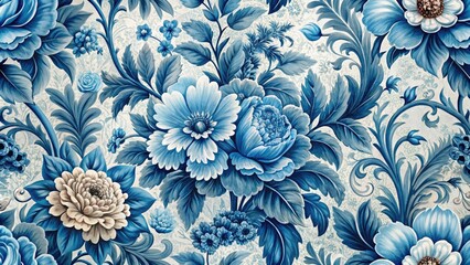 Blue Floral Wallpaper, Vintage Seamless Pattern, Macro Photography, Botanical Print, Morris Design Inspired