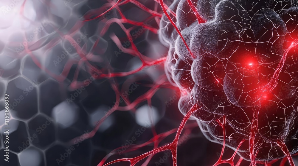 Poster multiple sclerosis disease concept. abstract illustration of a cell with glowing red connections and