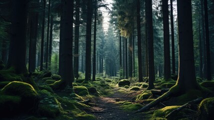 Obraz premium Sunlit Path Through a Dark Forest