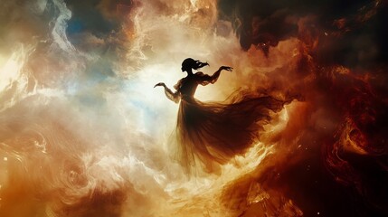 Woman in flowing dress amidst swirling, colorful clouds.