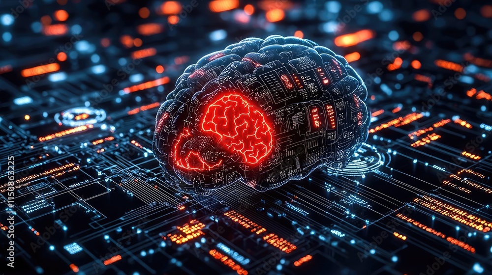 Poster stroke disease idea. a digitally rendered brain connected to futuristic technology and circuits.