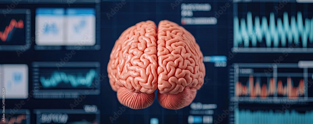 Poster stroke disease idea. detailed view of a human brain with data analytics in the background representi
