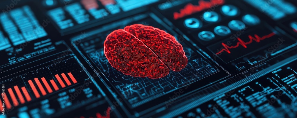 Poster stroke disease idea. digital brain visualization with data analysis and futuristic technology interf