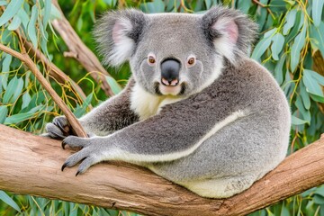 Fototapeta premium Koala resting peacefully on eucalyptus branch in an Australian forest setting with vibrant leaves and soft sunlight filtering through