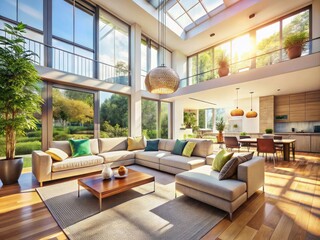 Naklejka premium Bright Open Space Luxury Interior Design, Modern Architecture, Minimalist Home, Spacious Living Room, Sunlight, Architectural Photography