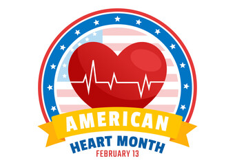 February is American Heart Month Vector Illustration Featuring a USA Flag and Red Heart Symbol for Health Awareness in a Flat Style Cartoon Background
