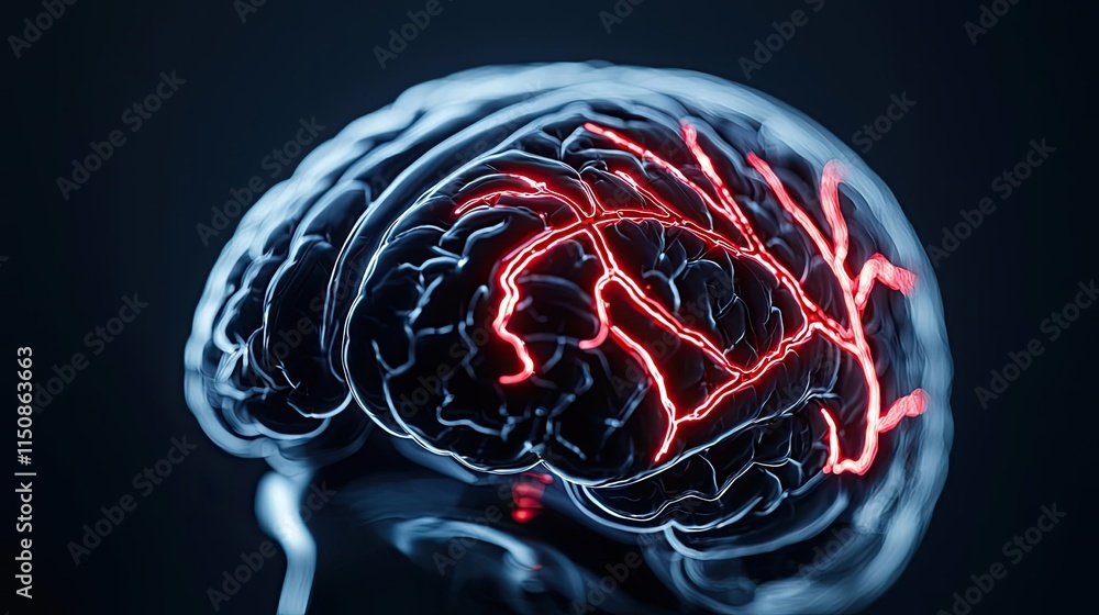 Poster stroke disease idea. a detailed image of a brain with glowing neural pathways illustrating brain fun