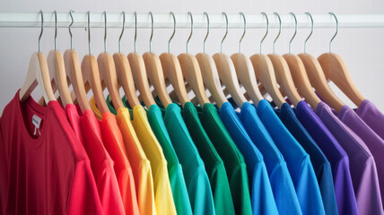 Row of Multicolored Shirts on Wood Hangers