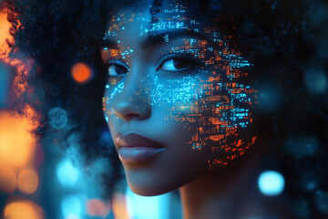 African American Girl Using Augmented Reality AR,VR Illustration Private Data Leak Pattern A Young Data Realistic Scientist A Blue Orange Purple Tranquil Hologram Virtual Reality, Machine Learning AI