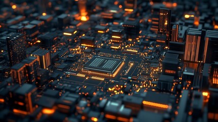 Abstract digital city motherboard with glowing CPU.