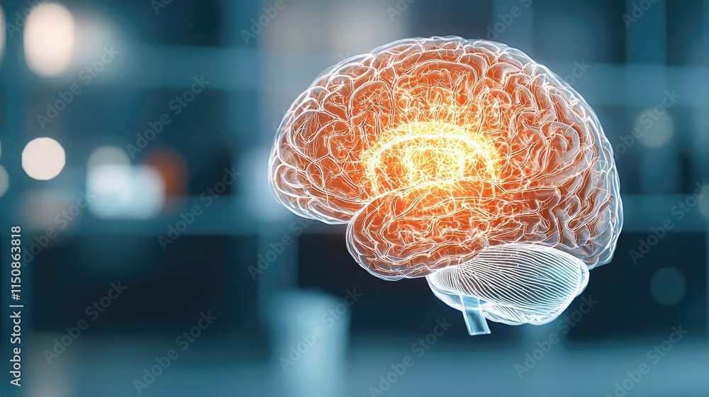 Poster stroke disease idea. a glowing 3d rendering of a human brain, symbolizing cognition and neurological
