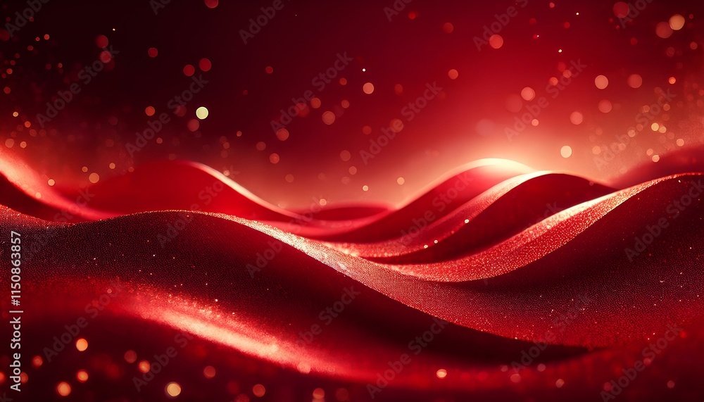Poster Red glitter abstract with blurry light background patterns. Red wavy abstract background.