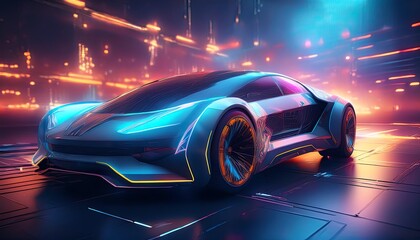 Naklejka premium A futuristic car with sleek lines and glowing accents, set against a vibrant, high-tech background, showcasing advanced automotive design.