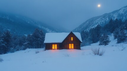 Cozy cabin glowing warmly in snowy mountains at night under the moon.