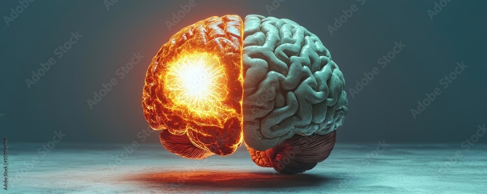 Poster stroke disease idea. a conceptual representation of the brain with a glowing core symbolizing creati