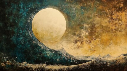 Abstract painting of a large moon over a dark, textured landscape.