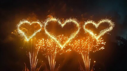 Three sparkling heart shapes illuminated in a colorful firework display.