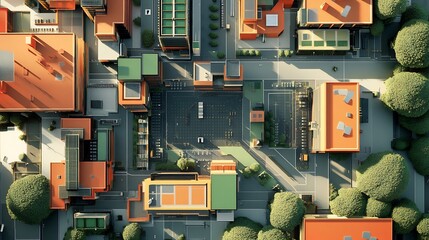 Aerial view of a city block with buildings, roads, and trees.