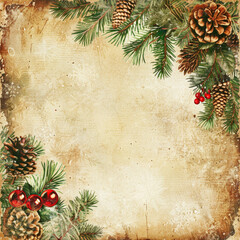 Vintage Christmas winter decoration featuring pine cones and holly on aged paper background