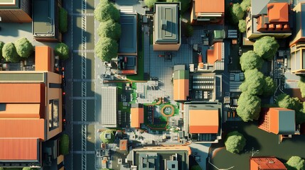Aerial view of a city block with buildings, streets, and trees.
