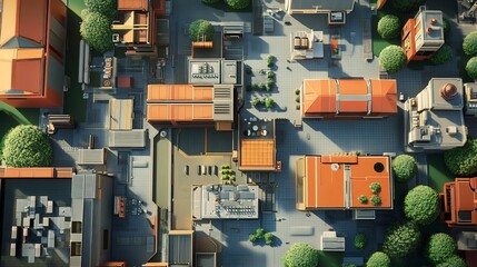 Aerial view of a city block with buildings, streets, and trees. (1)