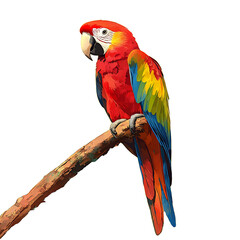 Colorful parrot perched on a branch, digital painting, no background