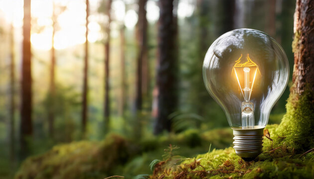lightbulb with small plant on soil and sunshine. concept saving energy in nature