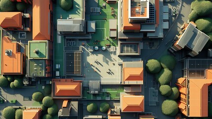 Aerial view of a city block with buildings, trees, and a courtyard.