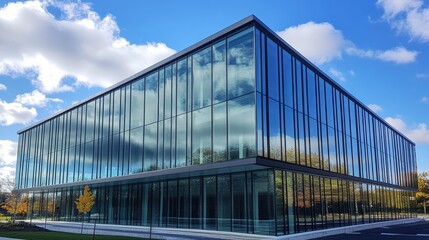 Modern glass office building reflecting sky and clouds.